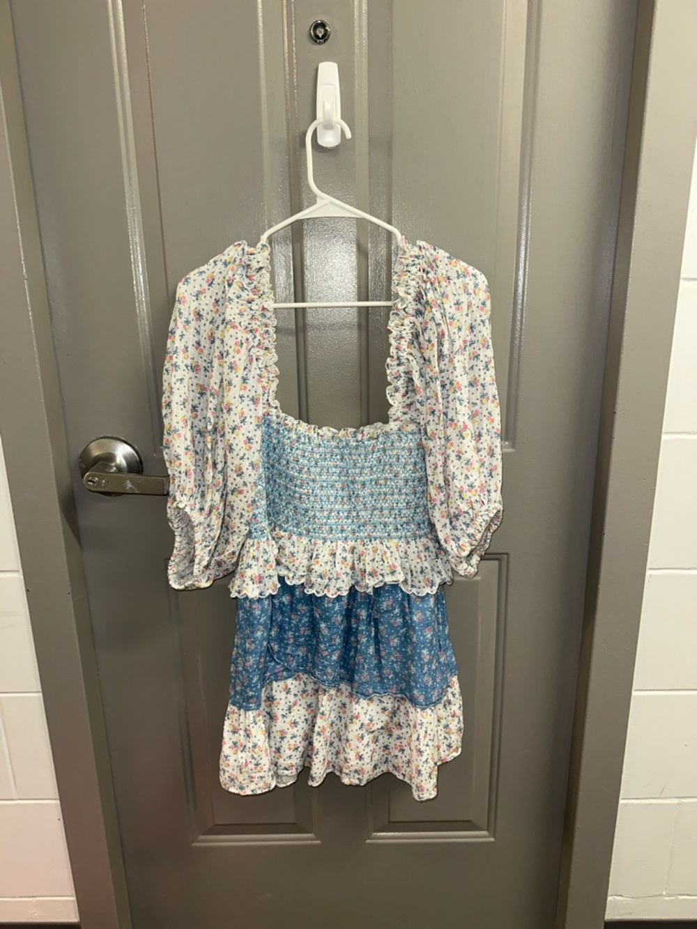 LoveShackFancy White and Blue Floral Mini Dress